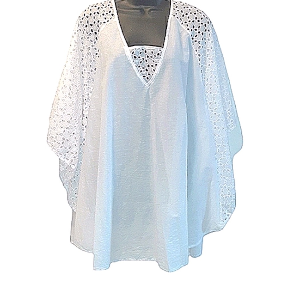 NWT SPIAGGIA DOLCE White Eyelet LaceBatwing Top Tunic BEACH COVERUP Flattering M